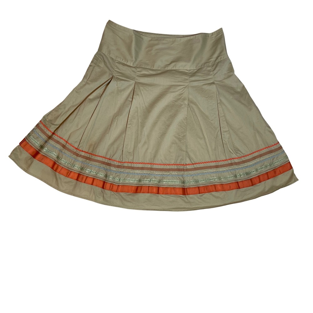 Merona Khaki Tan Pleated A-Line Skirt Ribbon Rickrack Trim Size 12 Boho Cotton